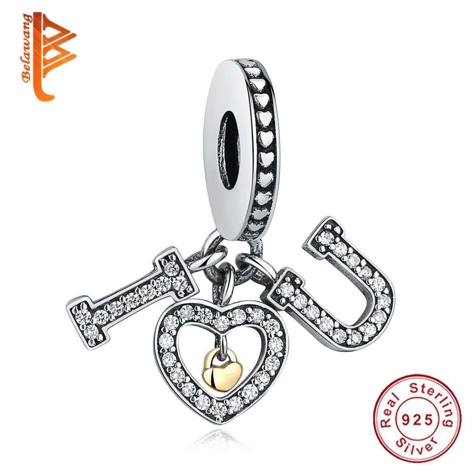 

BELAWANG Genuine 925 Sterling Silver I Love YOU Bead Gold Heart Charms fit Charm Bracelets for Women DIY Jewelry Birthday Gift