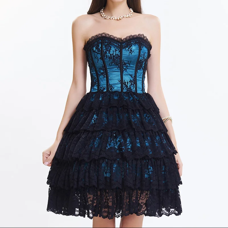 Синие атласные и черные цветочные кружевные вечерние корсеты бюстье готический