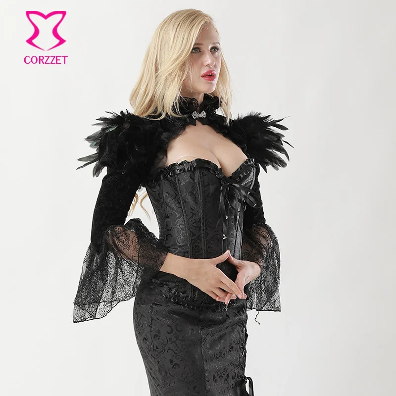 Женский бархатный корсет с перьями черная винтажная куртка в викторианском