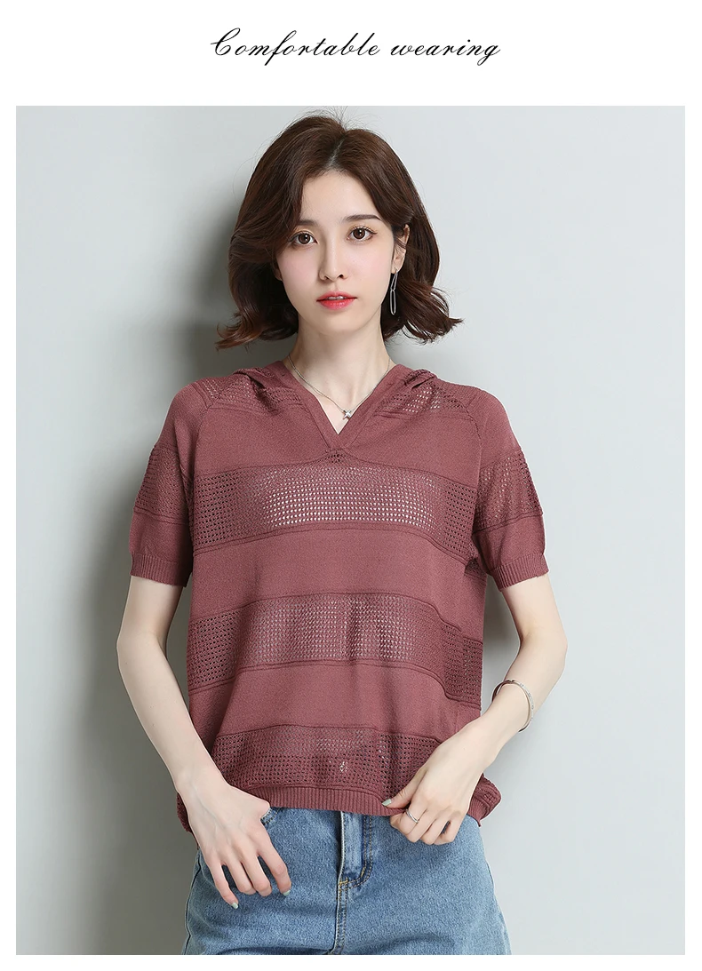 XJXKS трикотажная футболка летний Для женщин футболка мода полой вязаная Рубашка с короткими рукавами футболки с капюшоном женские Повседневная футболка