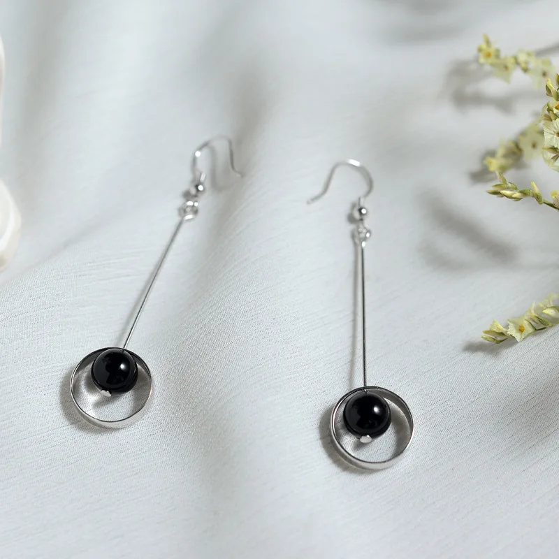 Реальные 925 стерлингового серебра серьги в виде капель с черным агатом камень