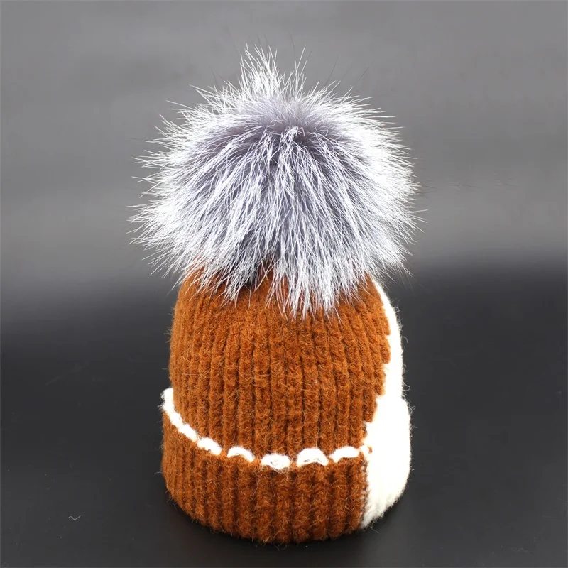 Милые вязаные шапочки, детская зимняя шапка, детские шапки gorro, шапки из натурального меха серебристой лисы для девочек