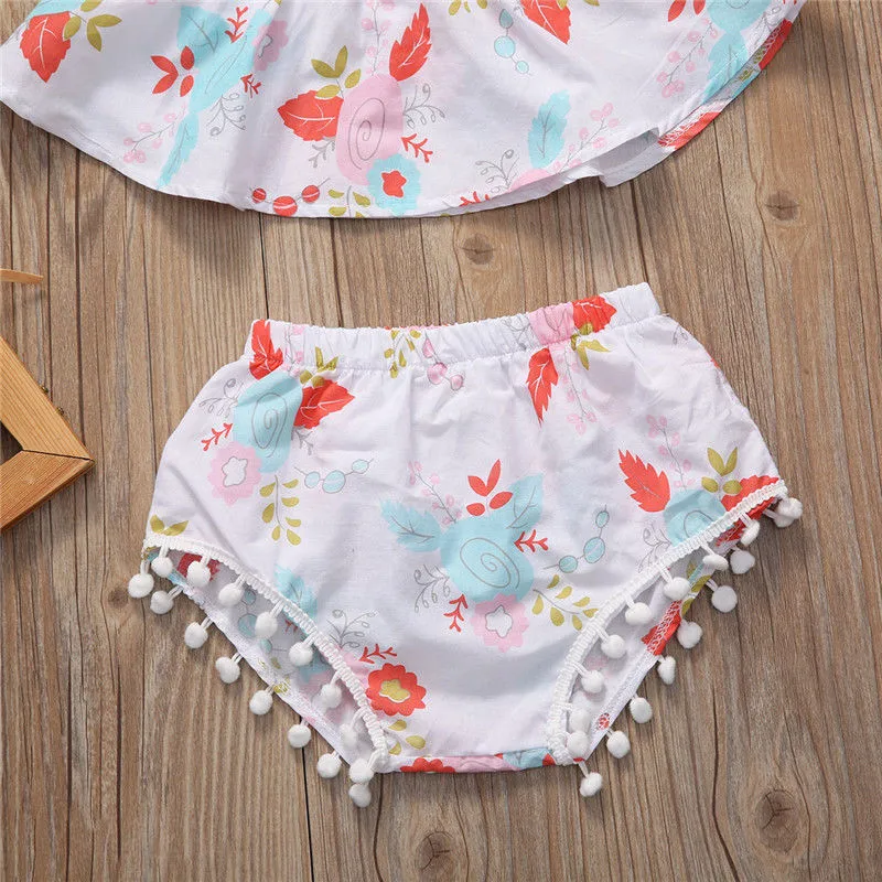 3Pcs Infant Baby Girl Floral Print Clothes Set Strapless Off Shoulder Crop Top Tassel Shorts Panties Headband 0-24M | Мать и ребенок