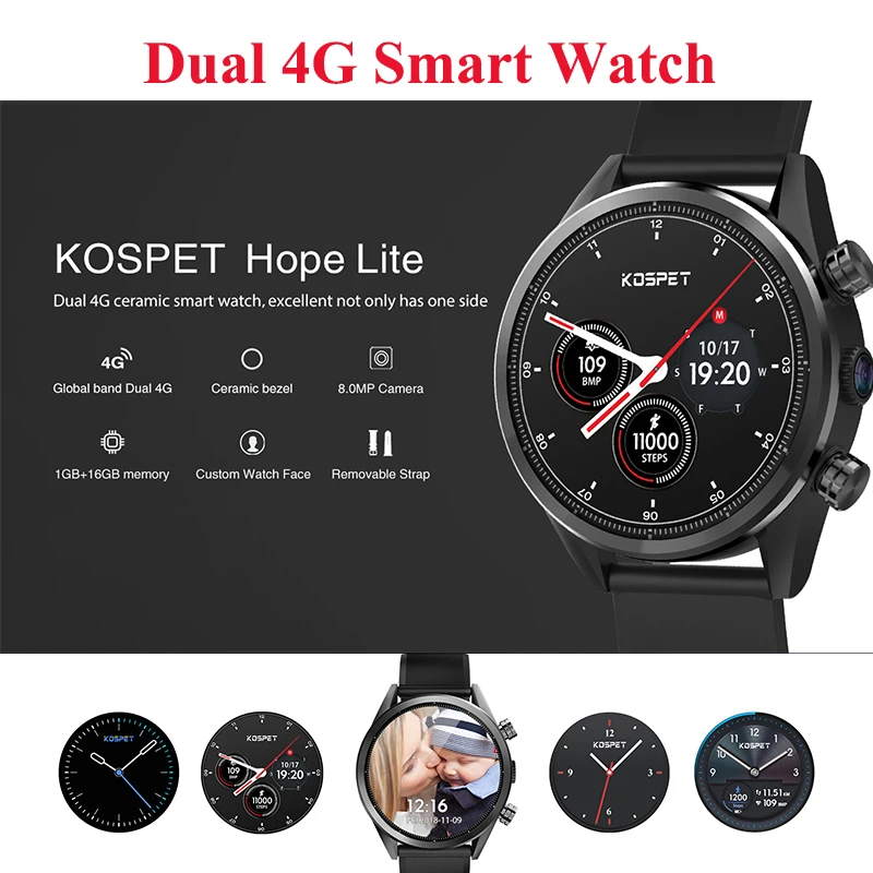 Смарт-часы KOSPET Hope Lite мужские с камерой 8 Мп 4G 1 Гб + 16 ГБ 39 дюйма AMOLED-дисплей