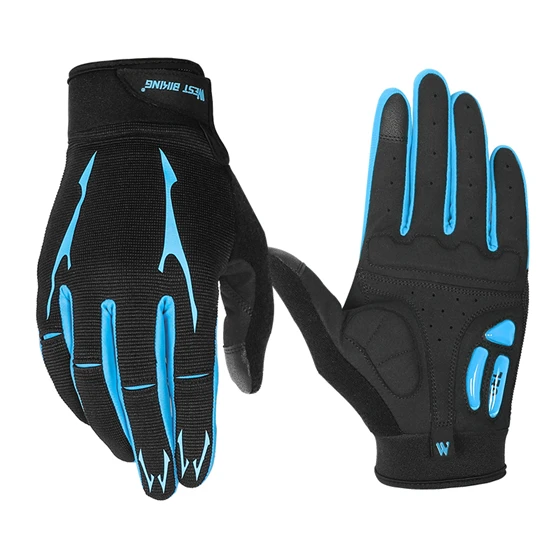 Blue Full Finger WEST BIKING перчатки для велоспорта, гелевые велосипедные перчатки с полупальцами, мужские и женские спортивные Нескользящие противоударные велосипедные перчатки - Цвет: Blue Full Finger