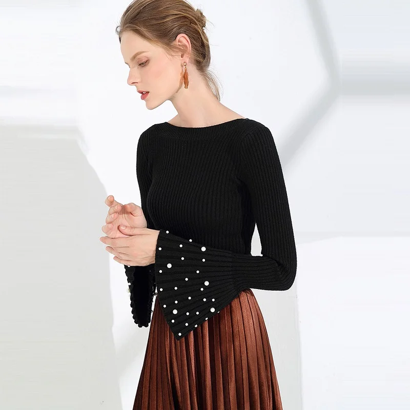 Autumn Women Sweater And Pullovers Knitting Pearl Beading Slim White Femme Tricot Pull | Женская одежда
