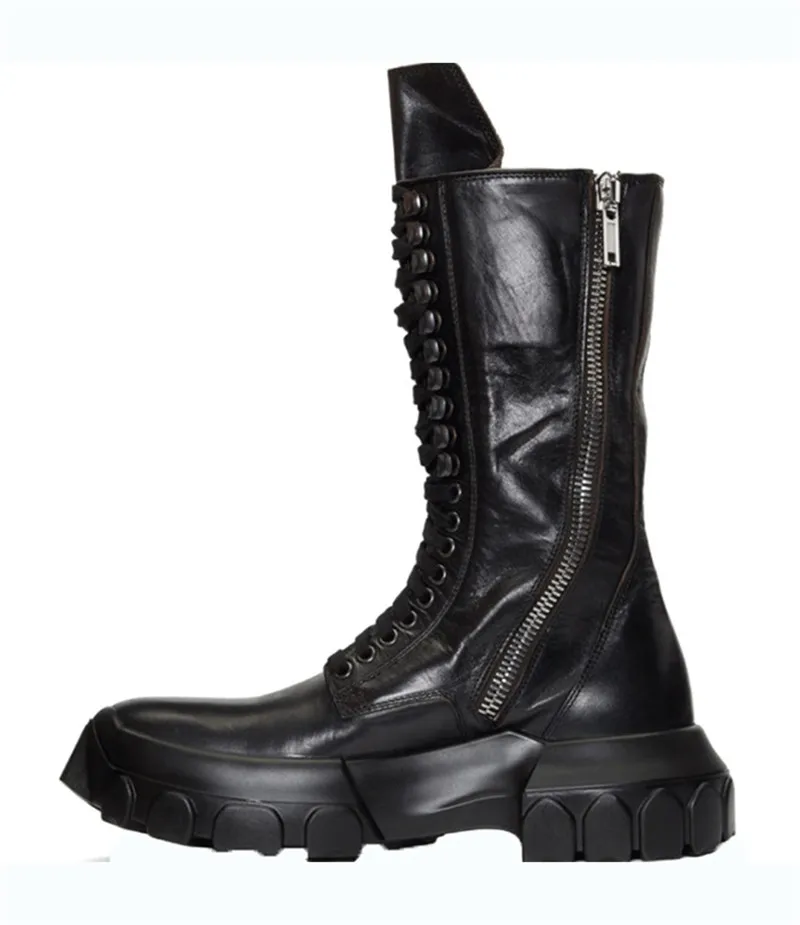 

High end British fashion quality handmade cow leather high boots lace up platform knight work black zipper male Boots