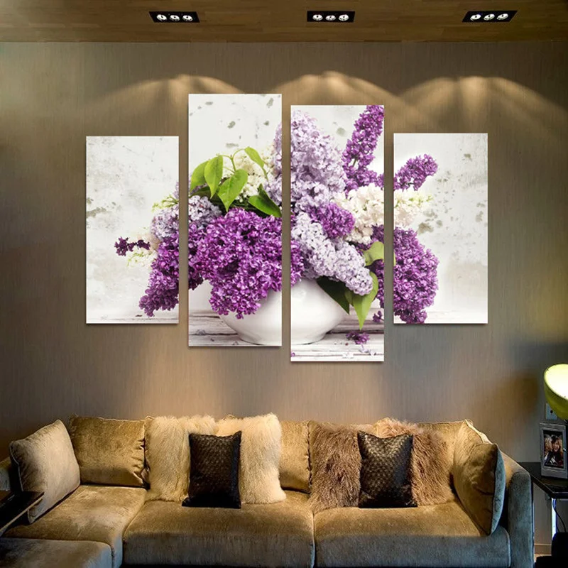 4 панели современные Лавандовые цветы холст живопись на холсте настенные