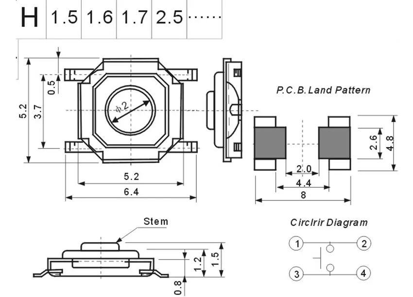 100 шт./лот 5 2*5 2*1 мм 2x5 2x1 SMD 4 фута кнопочный переключатель микропереключатель