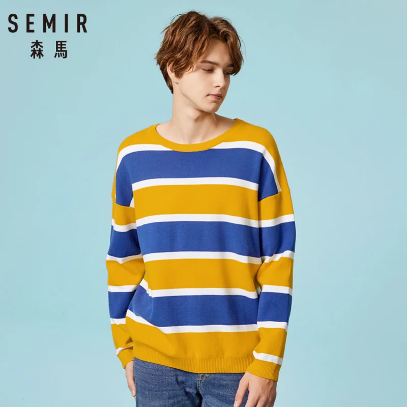 SEMIR Мужской мягкий вязаный полосатый свитер с опущенным плечом пуловер