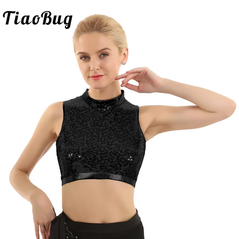 Модный Блестящий женский короткий топ TiaoBug с ложным воротником без рукавов