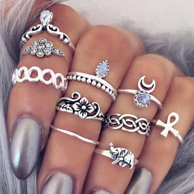 10 Pcs/Set Women Rings Set Bohemia Style Fashion Trend Finger Gold Silver Female Jewelry Elephant Moon Water Drop RS1111 | Украшения и