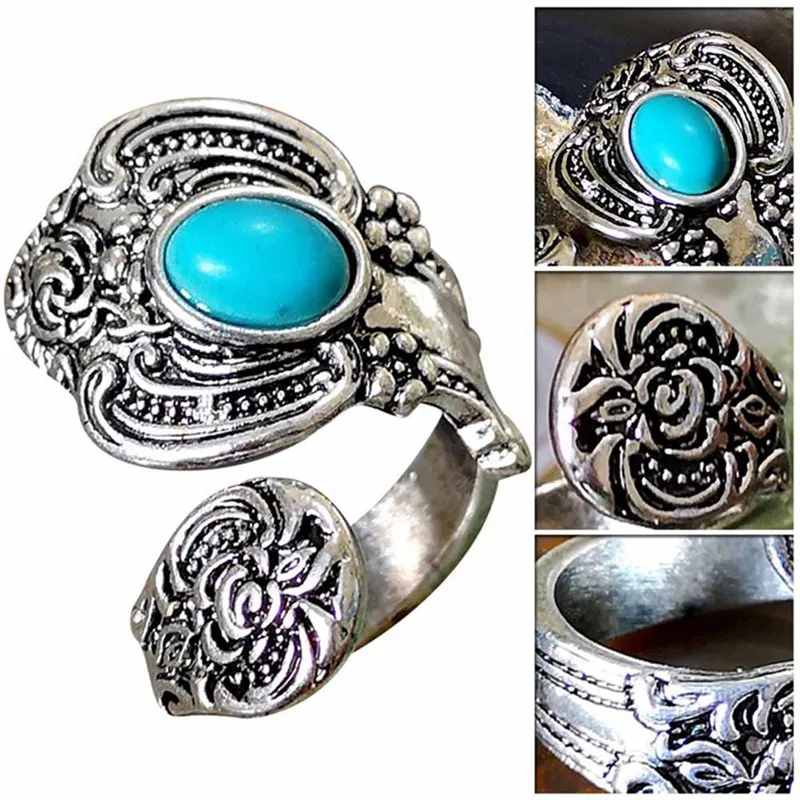 Винтаж под старину натуральный камень Открытое кольцо ювелирные изделия голубой бирюзовый морской опал палец кольцо для женщин ювелирные изделия подарок