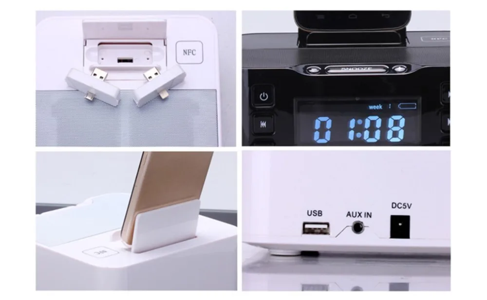 A9 Портативный беспроводной Bluetooth динамик NFC FM радио Будильник 8 Pin& микро зарядное устройство док-станция для iPhone 6 6S 7 Plus Android