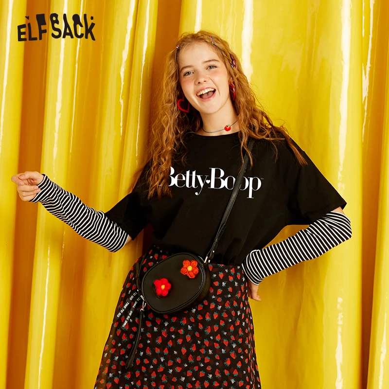 ELFSACK Хлопковые женские футболки в полоску с мультяшным принтом осень 2019 модные