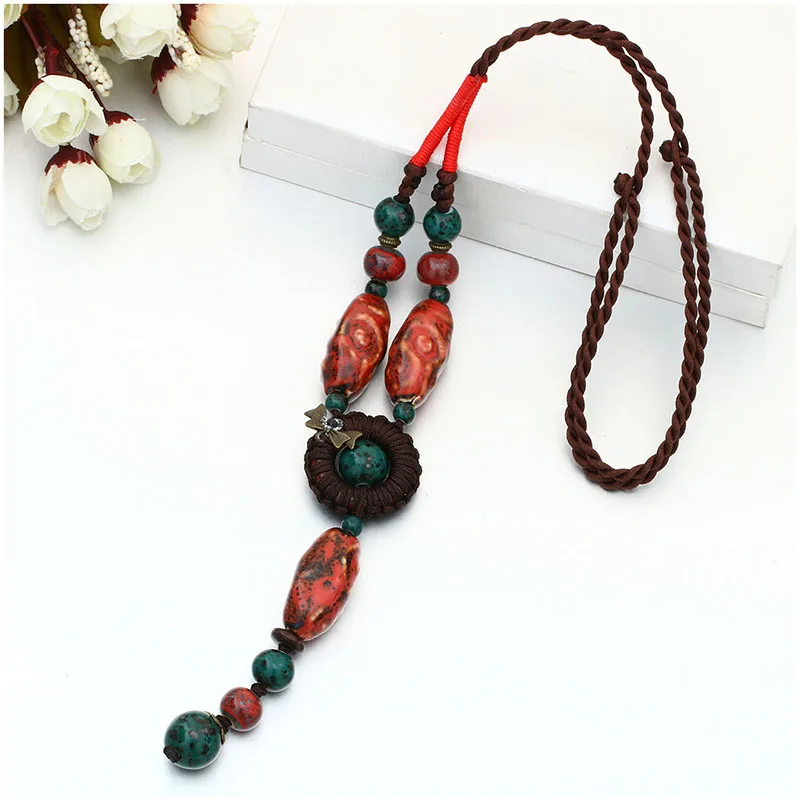 Shineland Unique Vintage Ethnic Jewelry Women's Long Hand Made Rope Chain Irregular Ceramic Statement Necklace Collier Femme | Украшения