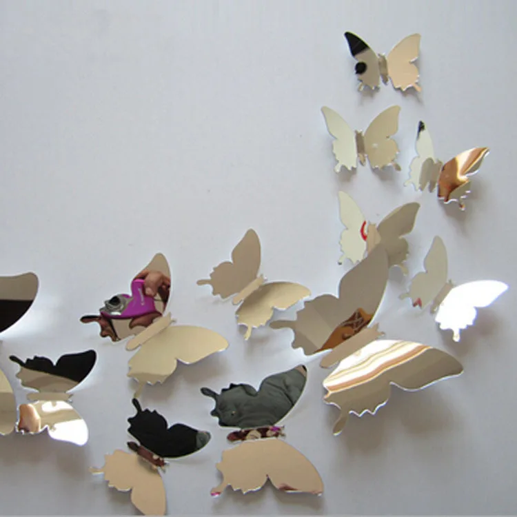 12pcs/set New Arrive Mirror Sliver 3D Butterfly Wall Stickers Party Wedding Decor DIY Home Decorations 