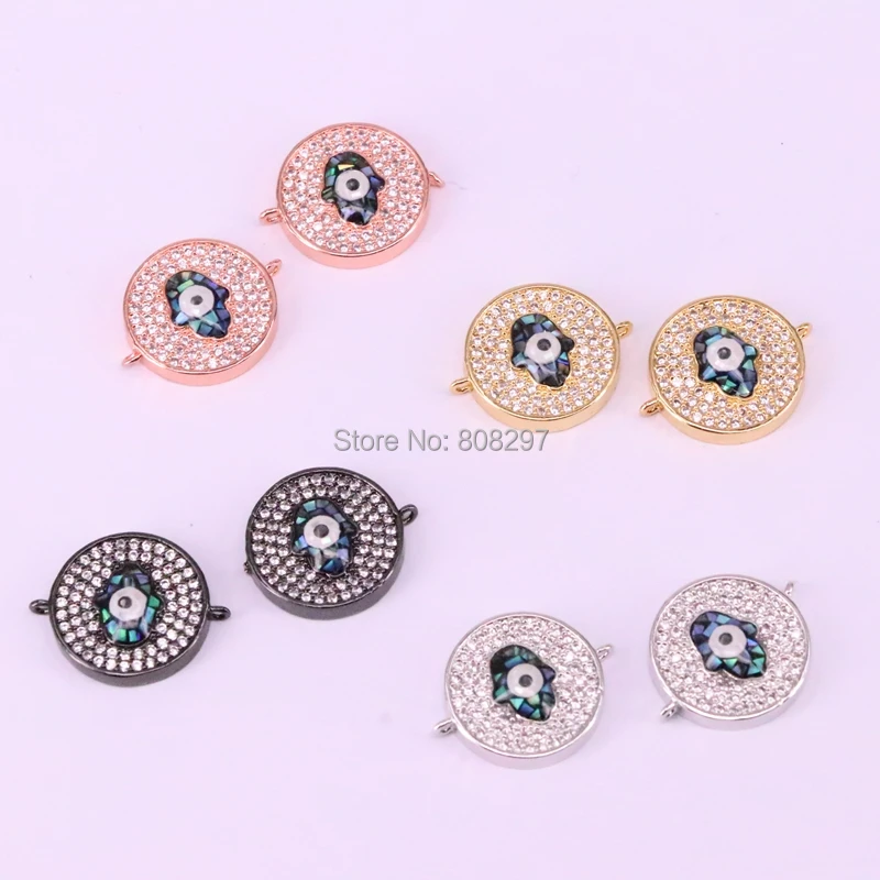 

8Pcs Mix Color Micro Pave CZ Round Shape Eye Shell Connector Beads, DIY Jewelry Findings