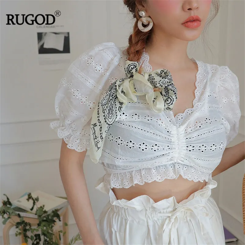 Новая белая кружевная блузка RUGOD Женская пикантная с V образным вырезом и пышными