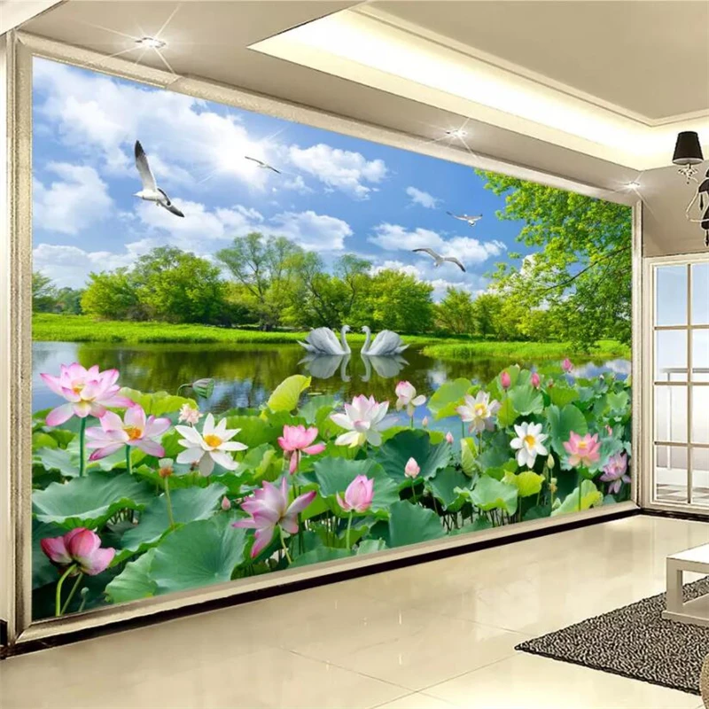 

beibehang 3d wallpaper mural custom living room bedroom swan lake lotus pond landscape mural background wall home decoration