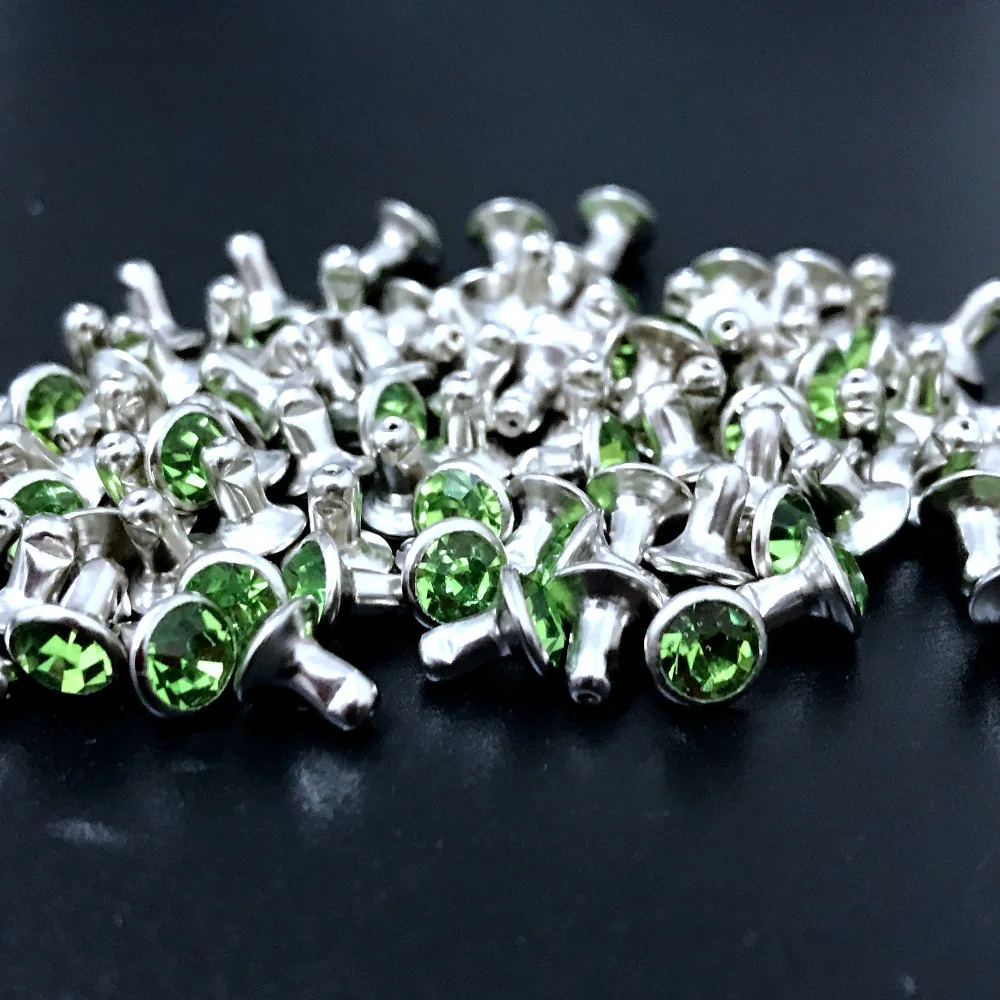 

100Sets 6mm Peridot Green CZ+++ Crystals Rhinestone Rivets Silver Nailhead Green Spots Studs Fit DIY Making Shipping Free