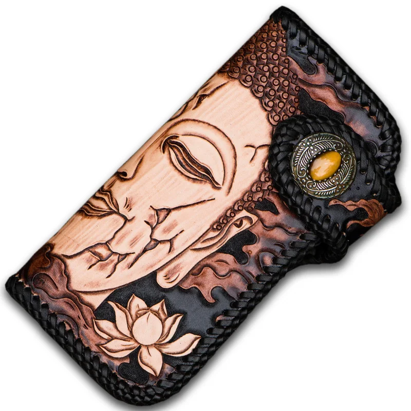 

Free Design Handmade Wallets Carving Buddha and Devil Purses Men Long Clutch Vegetable Tanned Leather Wallet Card Holder