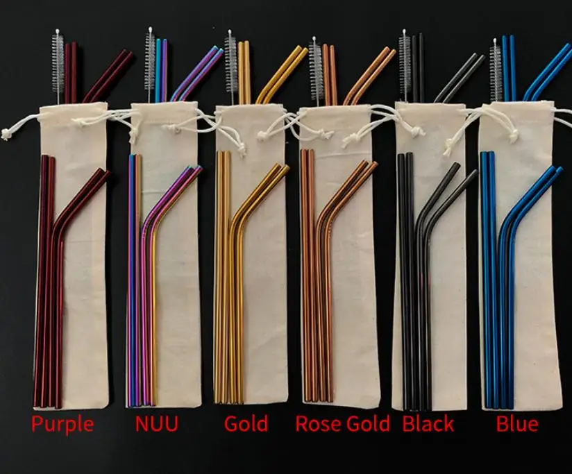 

6 Colors Customized Bag Packing 4+1 Reusable Stainless Steel Drinking Straws Set Metal Straws Set with Cleaning Brush SN2246