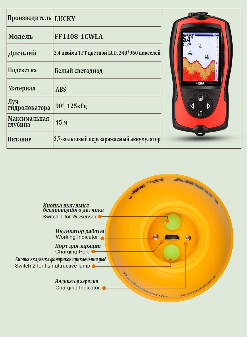 Эхолот для рыбалки FF1108 1CWLA LUCKY с цветным дисплеем lucky эхолот fish finder sonar for fishing