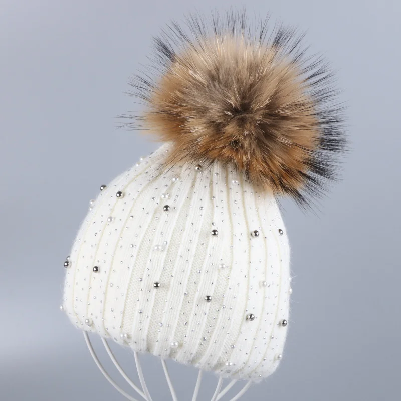 Mink Pom white hat Новая женская кашемировая зимняя шапка, тонкие шапочки из натурального меха лисы и норки, помпоны, шапочки Skullies, кашемировые Стразы модные зимние шляпы - Цвет: Mink Pom white hat