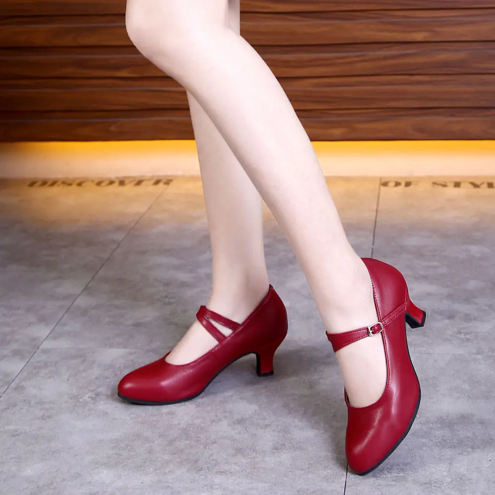 Salsa Dance Shoes Women Latin Dance Shoes Genuine Leather Heels 5.5cm Red Soft Sole Party Ballroom Tango Dancing Shoes Woman
