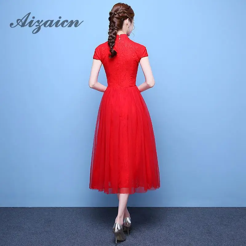 Красное свадебное платье в китайском стиле Cheongsam с коротким рукавом и вышивкой