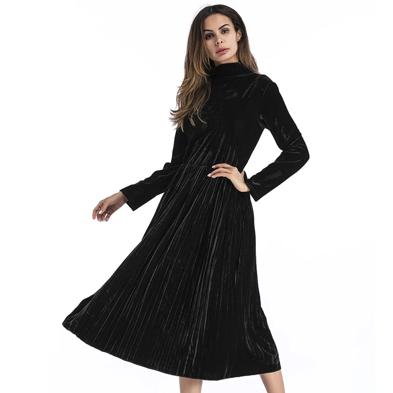 2018 Autumn Black Turtleneck Velvet Party Dress Women Winter Vintage Fashion Mid Calf Female Vestidos De Festa Plus Size | Женская