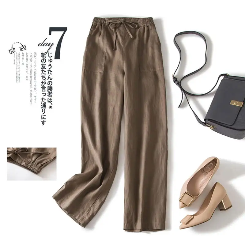 dark khaki RUGOD New Arrival Women Simple Long Straight Pants Cutton And Linen Soft Loose Solid Trousers Casual Gentle Stylish штаны - Цвет: dark khaki