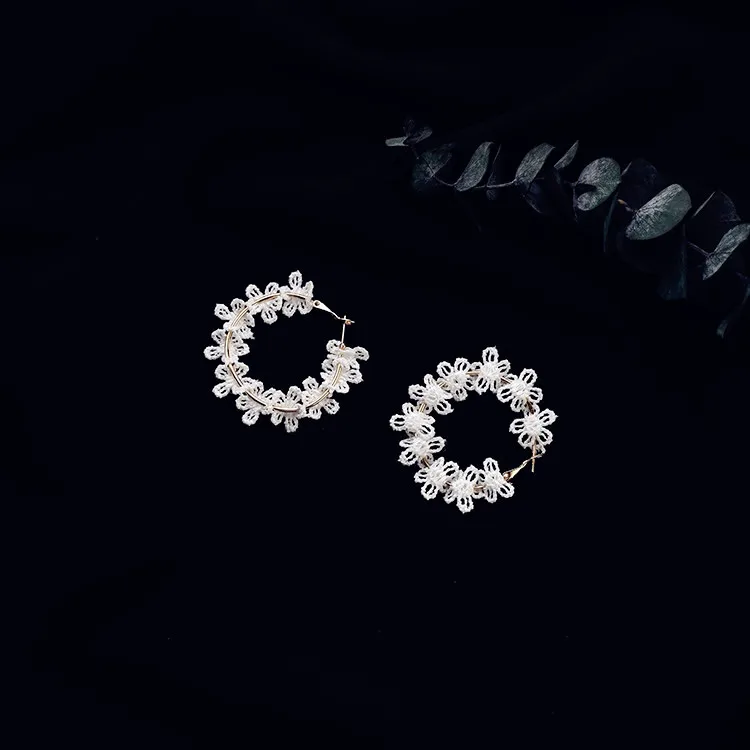 Korean Fashion Romantic White Lace Flower Big Round Circle Hoop Earrings for Women Jewelry Gift Boucle D'oreille Pendante Femme |