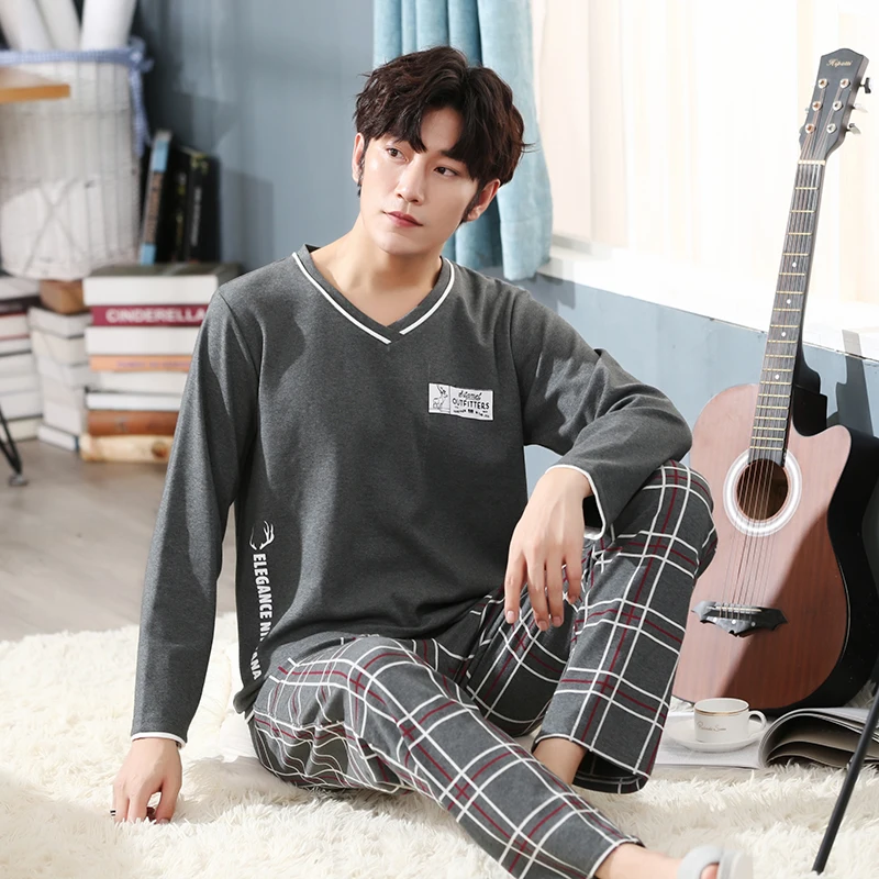 WAVMIT Men's Pajamas Long Sleeve Cotton Plus Size 4XL 5XL Men Pyjamas Sets Sleepwear Sets Father Pajamas Nihgtwear