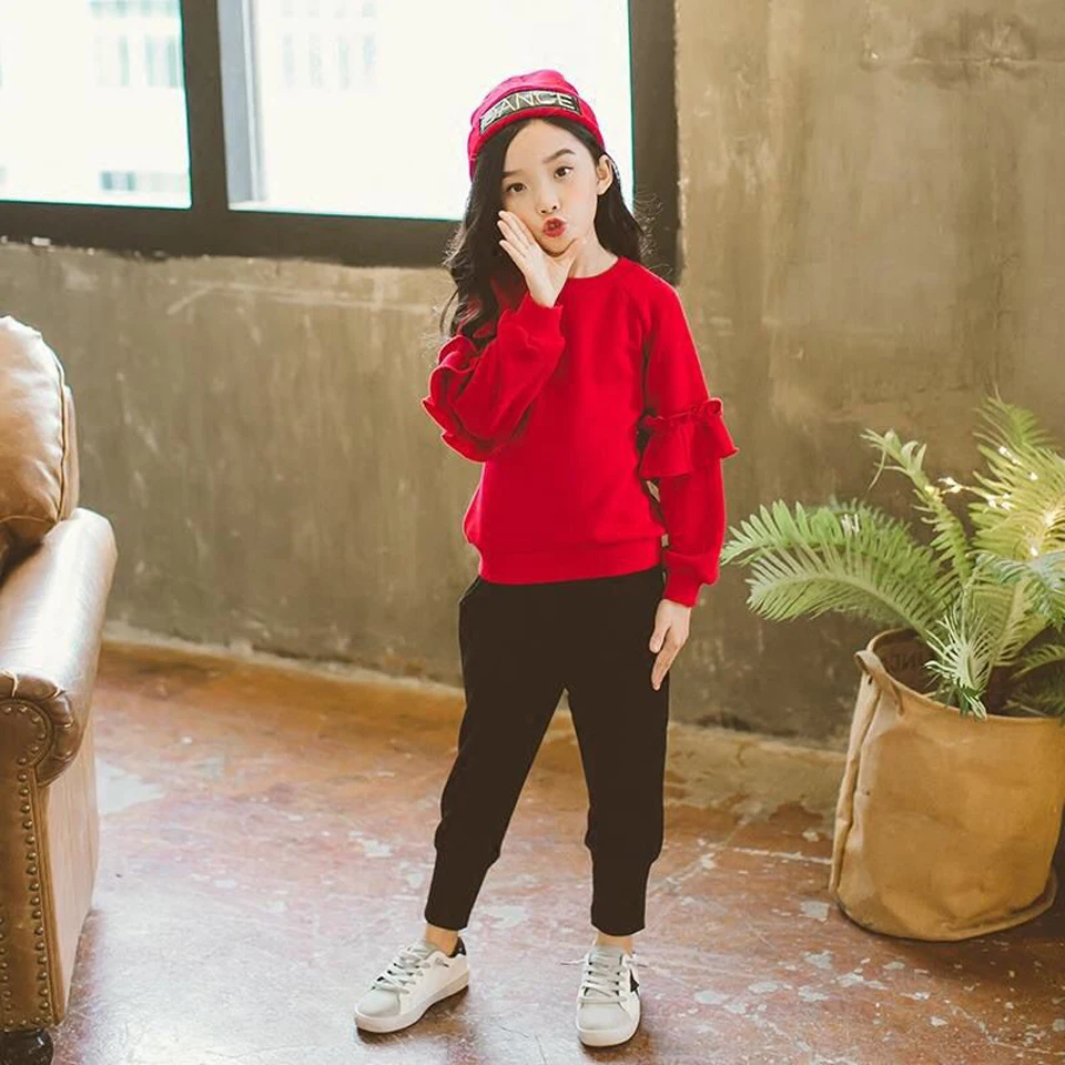 Модная одежда для девочек 2019 детская 8 10 12 лет подростков красная рубашка + черные