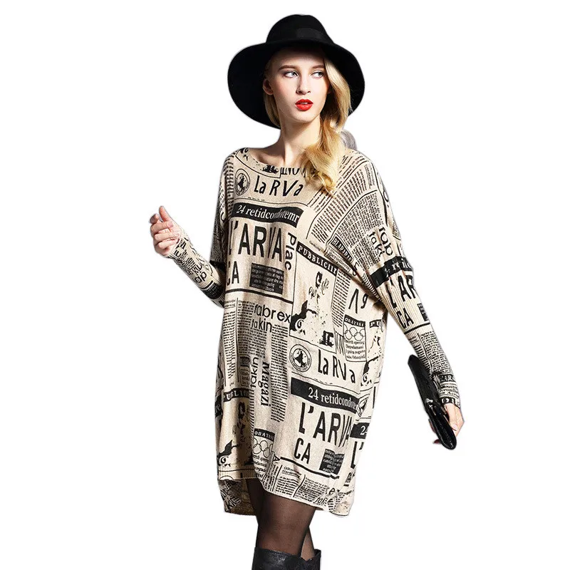 women's clothing ladies o-neck casual knitted sweaters women batwing sleeve newspaper printing big yards pullover sweater | Женская