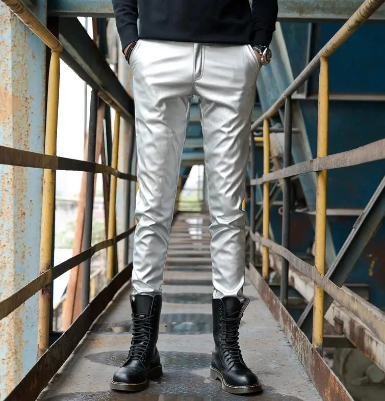 Personality fashion motorcycle faux leather pants mens feet pants  velvet pu trousers for men pantalon homme autumn winter