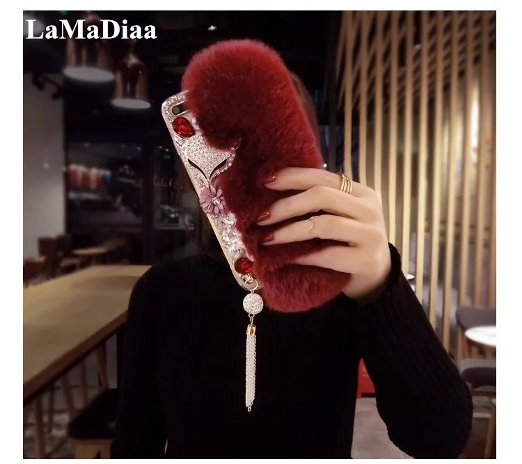 

Bling Rhinestone Pendant Warm Fluffy Rabbit Fur Hair Soft Phone Case For Huawei Honor20 30 Pro Lite V20 V30 V40 8X 9X Pro Cover