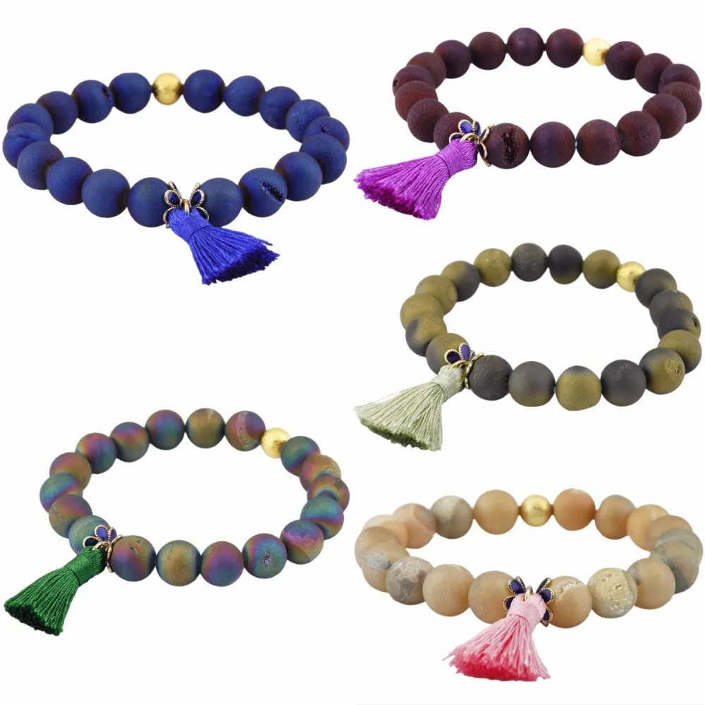 

SUNYIK Titanium Crystal Druzy Geode Beads 10mm Stretch Bracelet,with Tassel Wristband