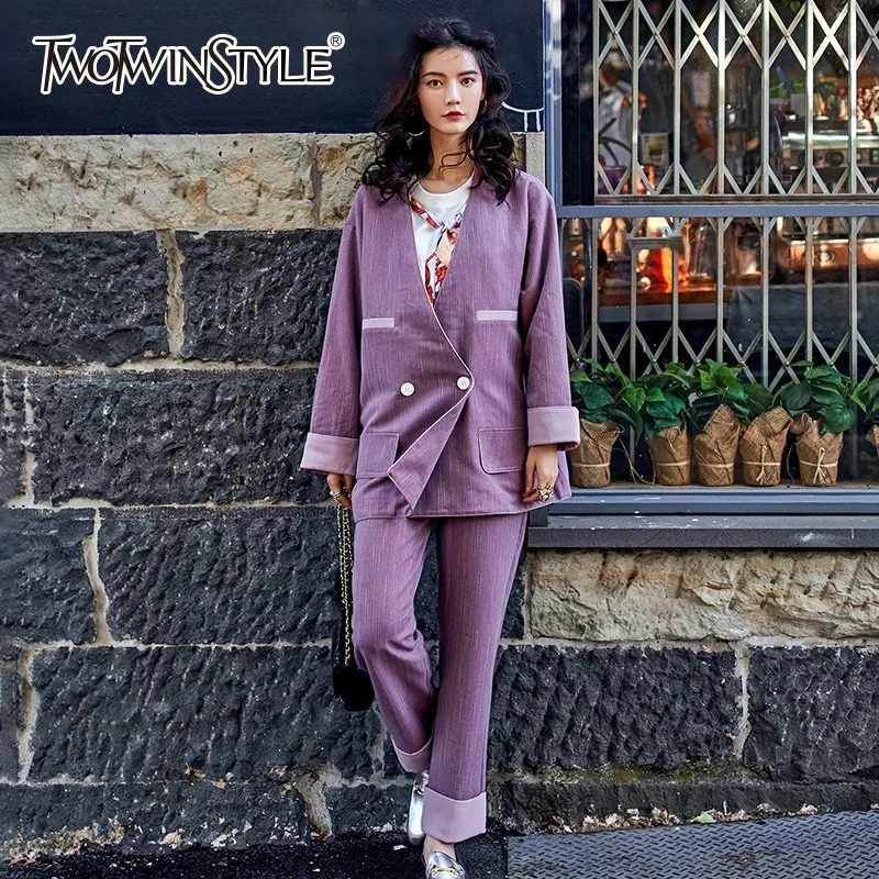 TWOTWINSTYLE фиолетовый Блейзер Костюмы женский лоскутное двубортное длинное пальто с