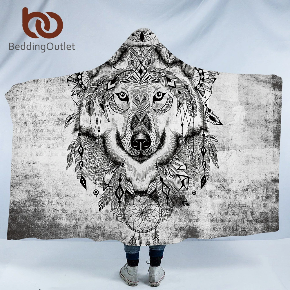 

BeddingOutlet Wolf Hooded Blanket Tribal Animal Dreamcatcher Sherpa Wearable Blanket Adults Geometric Colorful Throw Blanket