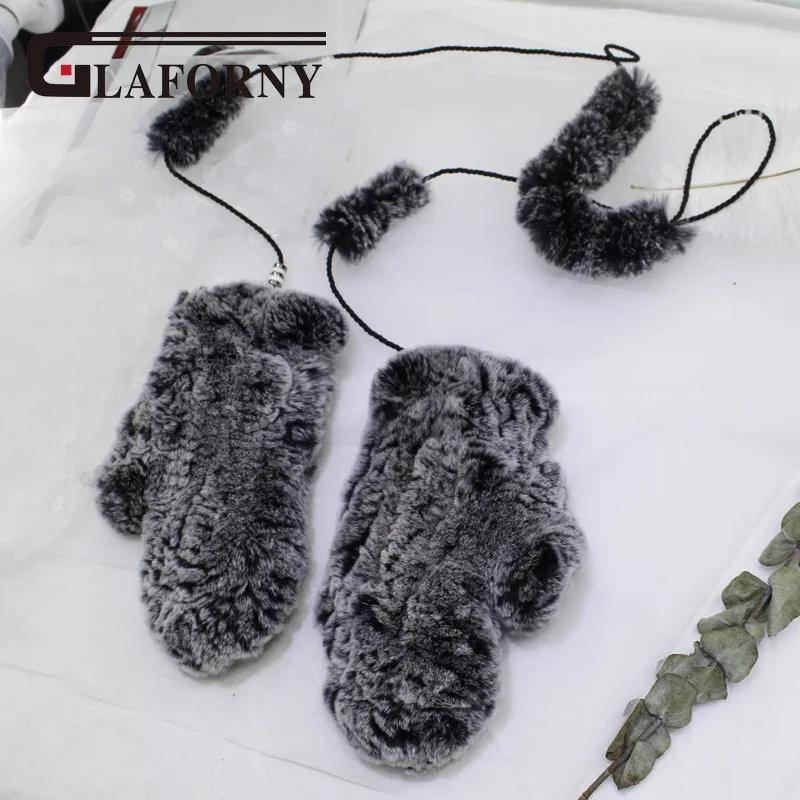 Glaforny 2018 Настоящий мех кролика вязаные зимние теплые перчатки варежки с подвесной