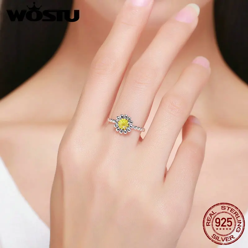 WOSTU 925 пробы Серебряное женское желтая Маргаритка цветок палец кольцо для женщин юбилей Свадебные украшения Anel CQR238
