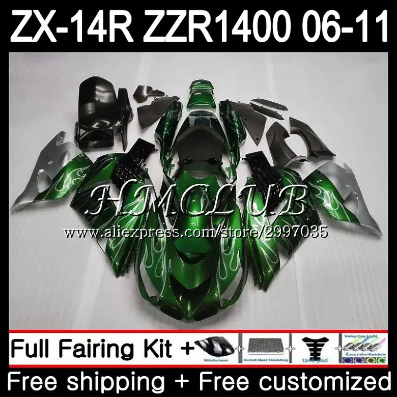 

Kit For KAWASAKI NINJA ZX 14R green silvery 2006 2007 2008 2009 2010 2011 68HC.14 ZX-14R ZZR1400 ZX14R 06 07 08 09 10 11 Fairing