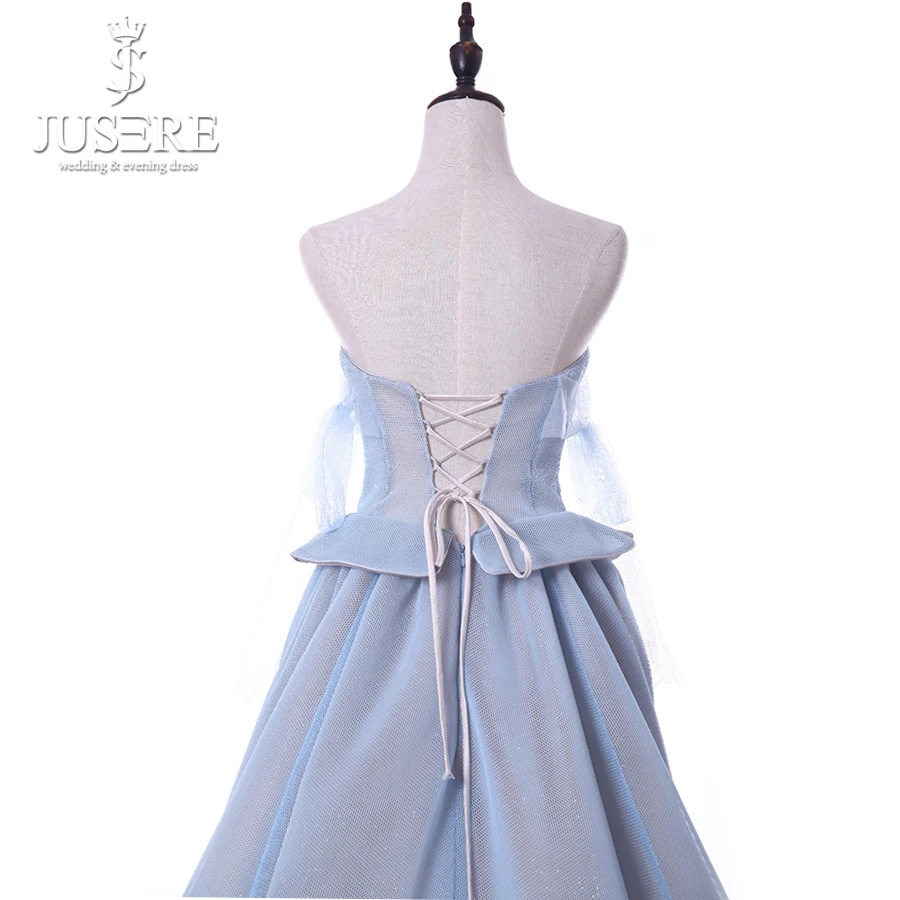 Jusere Design Light Blue High Low Prom Dress Off Shoulder Sleeveless Party Gowns Vestidos de fiesta Real Photos | Свадьбы и