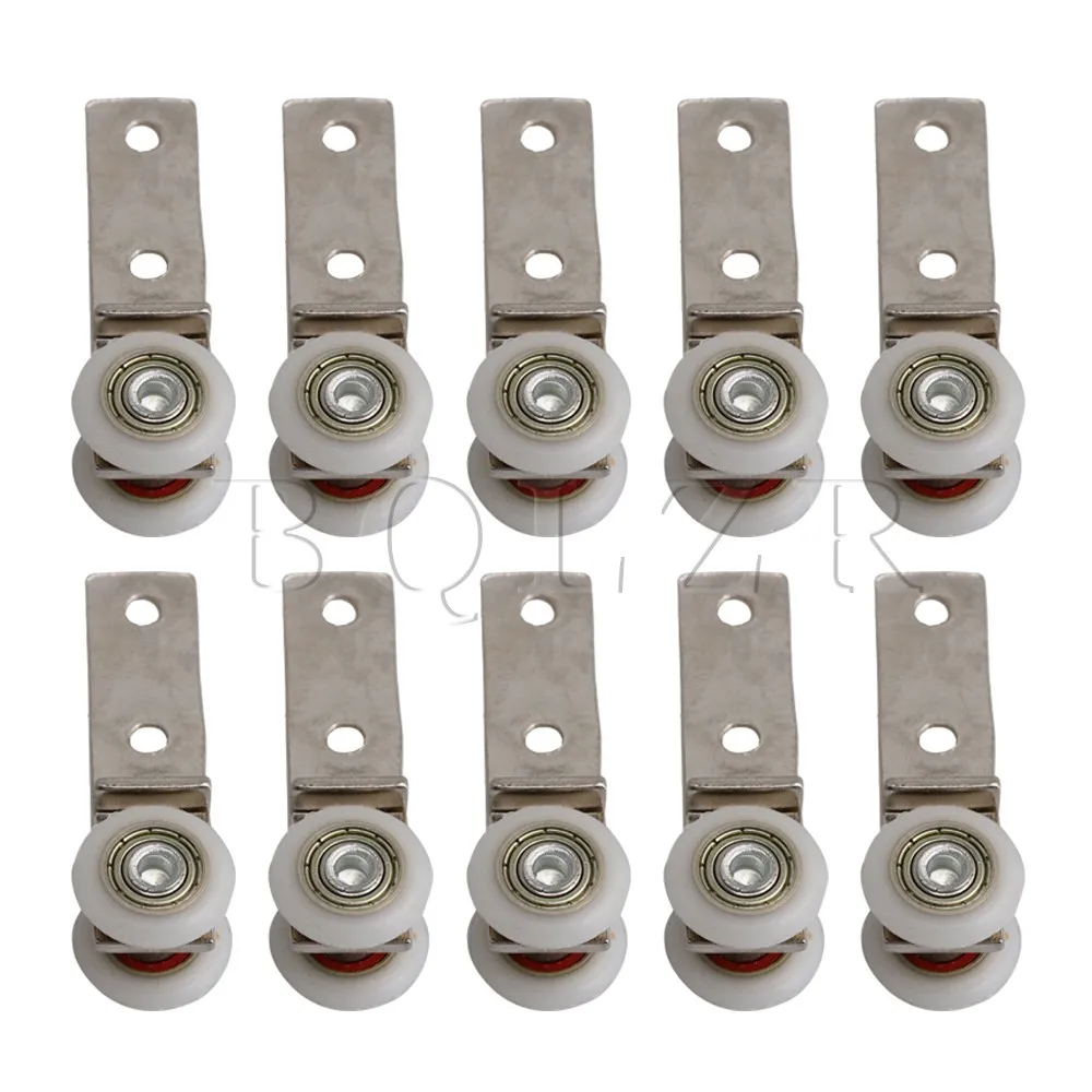 

BQLZR 2.55x0.74inch Bend Pipe Metal Bearing Pulley Block with Two Plastic Wheel for Sliding Door Window Cabinet Pack of 10