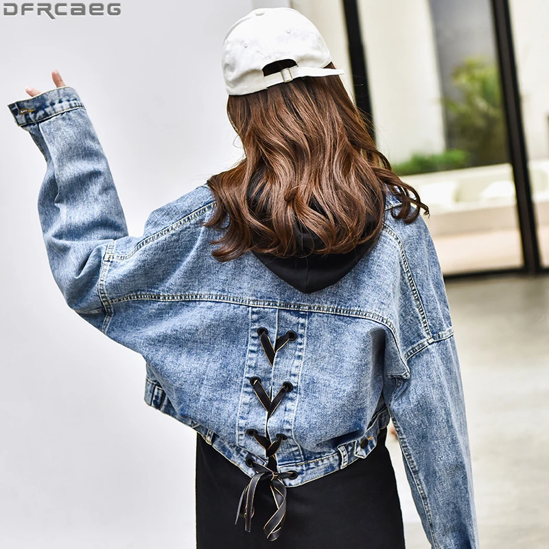 

New Autumn Blue Black Denim Jacket Women Stylish Cross Lace Up Cropped Jean Jacket Loose Big Pockets Short Coat Bow Bomber Femme