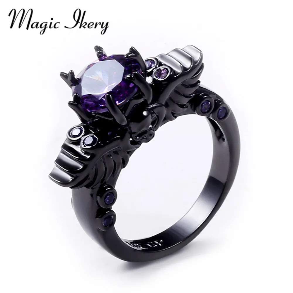 Женское кольцо с черепом Magic Ikery фиолетовым и красным кристаллом в байкерском