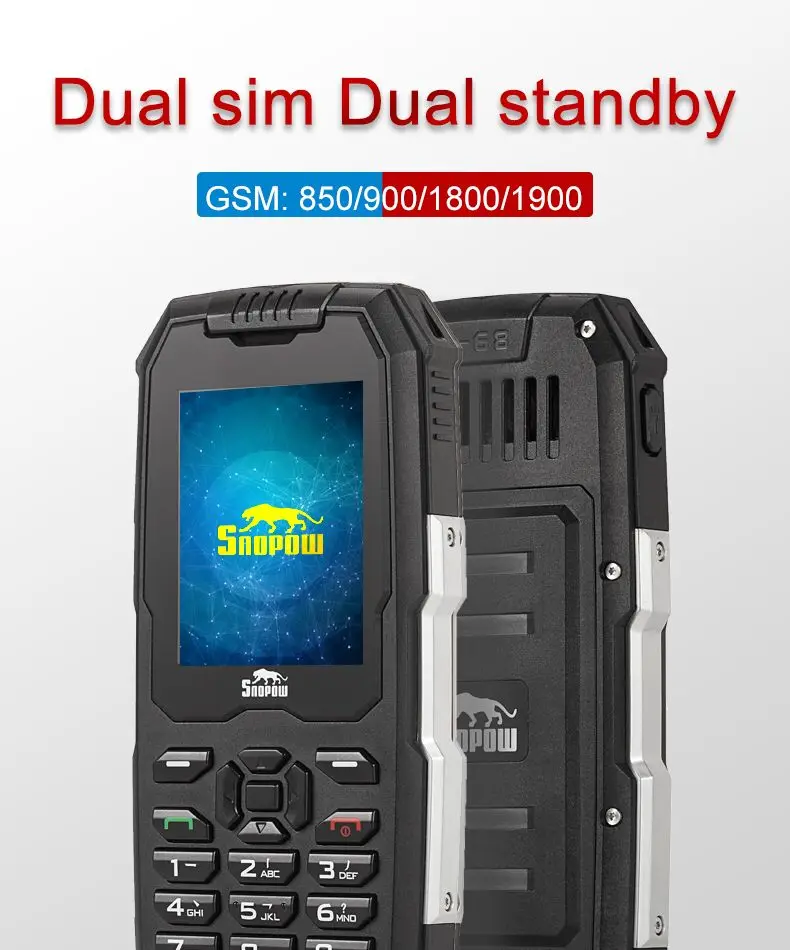 Смартфон Snopow M2 IP68 водонепроницаемый, ударопрочный для использования на открытом воздухе с радиоприемником FM 2,4 дюйма, фонариком, русской клавиатурой и емкостью аккумулятора 2500 мАч.